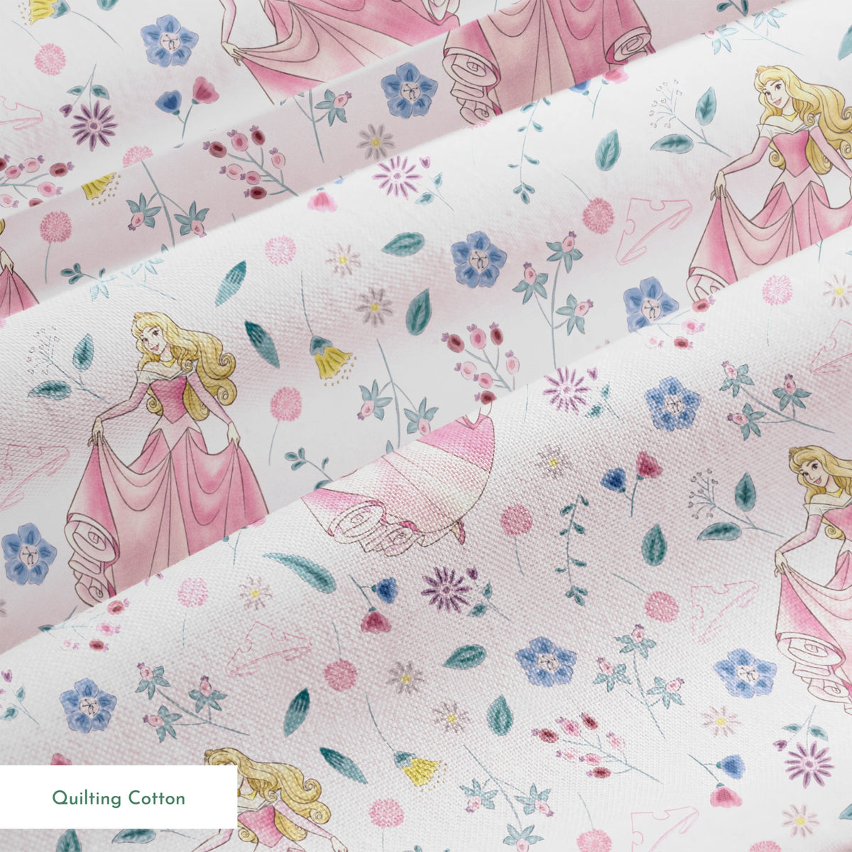 Disney's Sleeping Beauty surrounded by scattered flowers and leaves on light pink background springs quiltingcotton texture