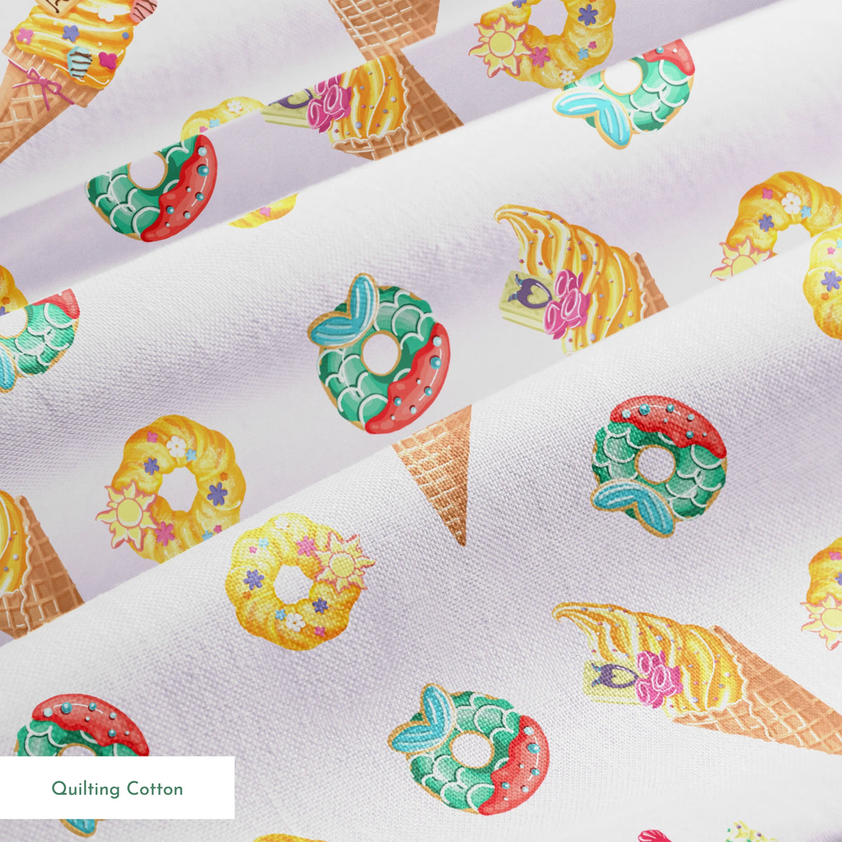 Colorful Disney Princess-inspired ice cream cones and donuts in pastel colors on light purple background springs quiltingcotton texture