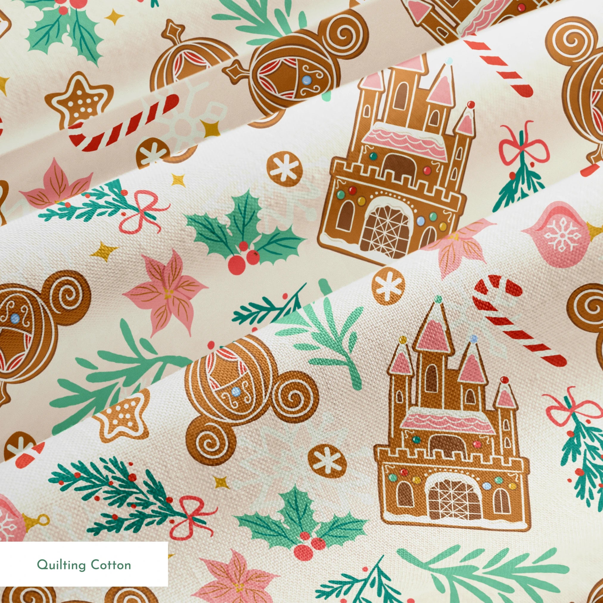 Disney Christmas pattern with gingerbread castles, carriages, candy canes, stars, and pine sprigs in holiday colors springs quiltingcotton texture
