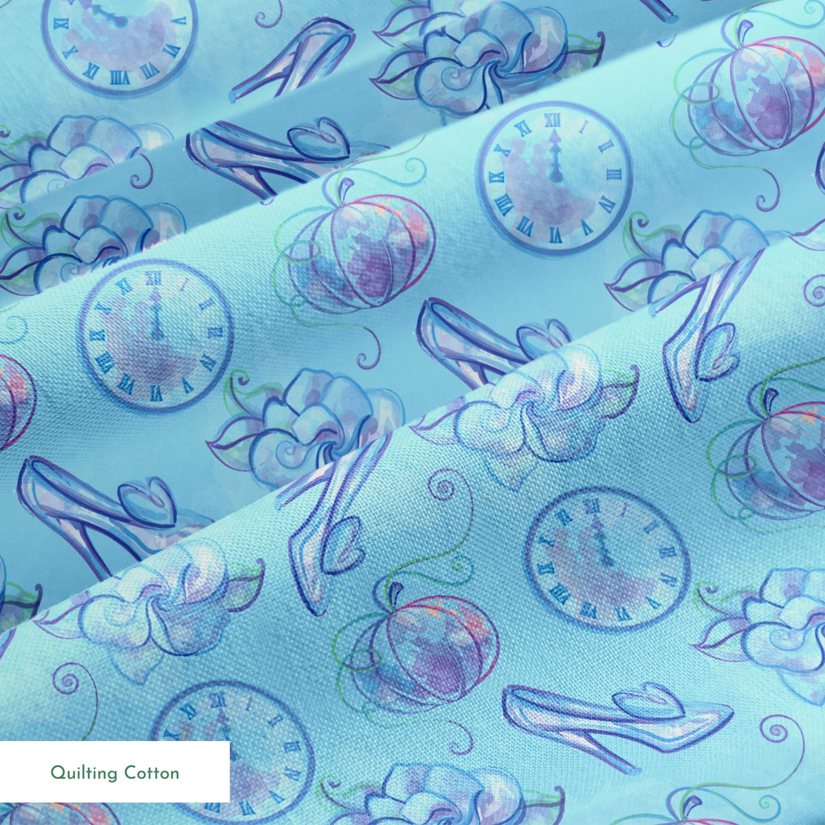 Whimsical Cinderella-themed pattern with glass slippers, pumpkins, clocks, and ribbons in soft blue and purple tones springs quiltingcotton texture