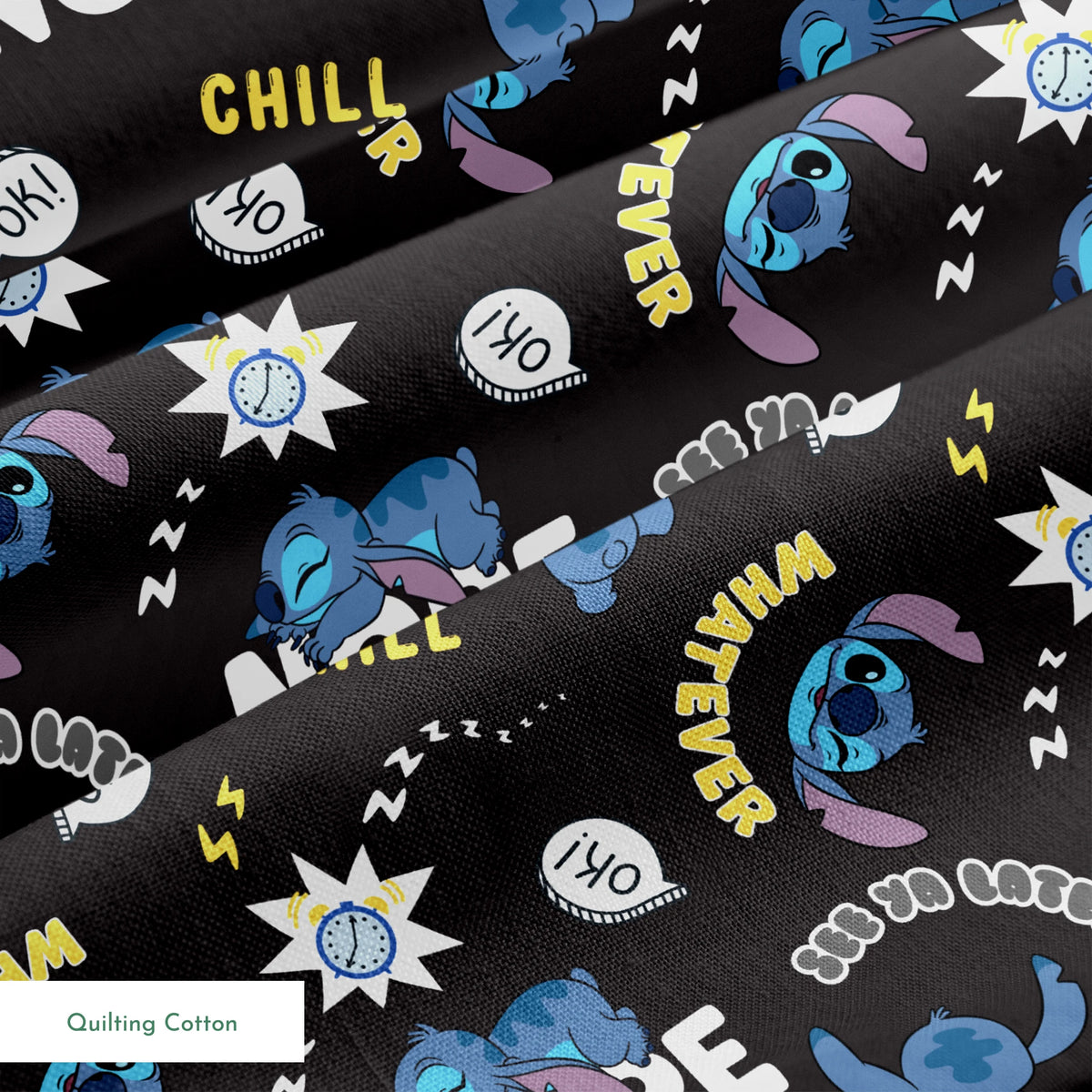 Disney Stitch pattern on black background with text "NOPE," "CHILL," "OK!" and sleep symbols springs quiltingcotton texture