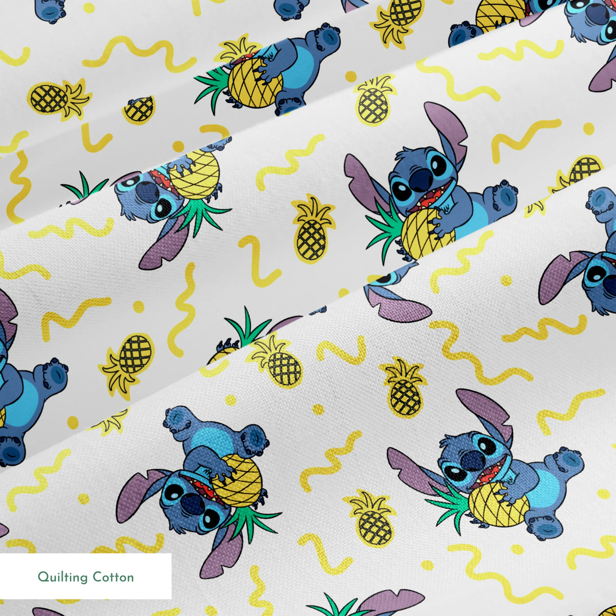 Disney's Stitch holding pineapples with yellow squiggly lines on white background pattern springs quiltingcotton texture