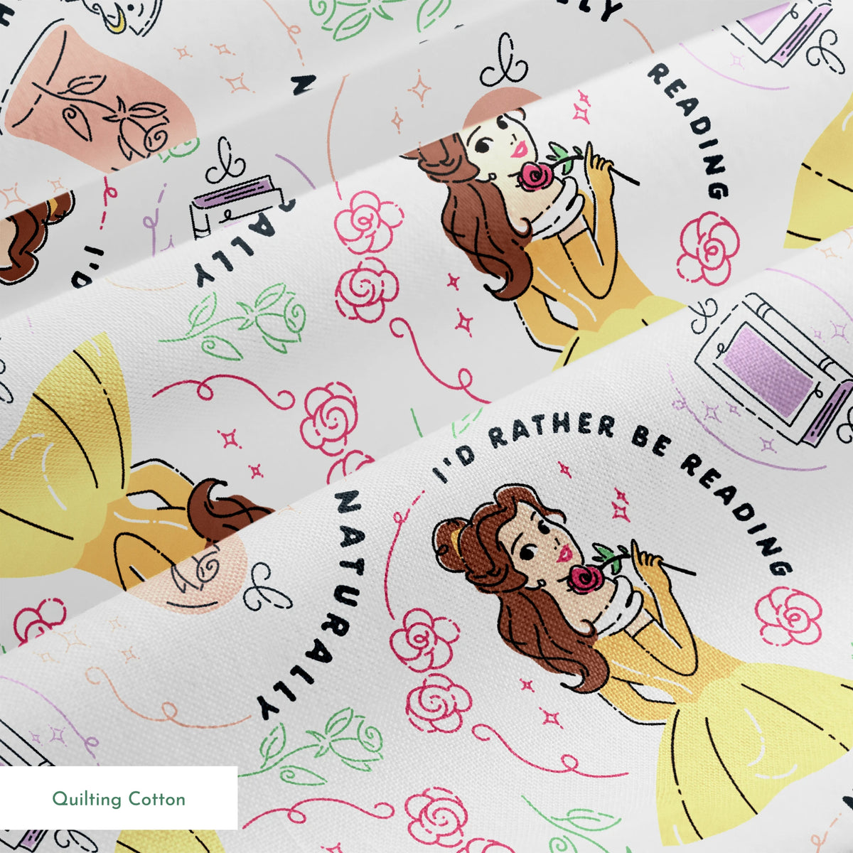 Pattern of cartoon princess in yellow dress with roses, perfume bottles, and phrases like "Enchanting" and "I'd rather be dreaming springs quiltingcotton texture