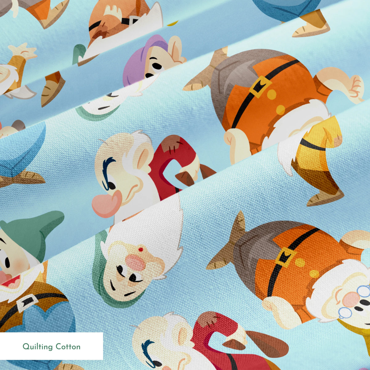 Pattern of cartoon dwarfs in colorful outfits on light blue background springs quiltingcotton texture