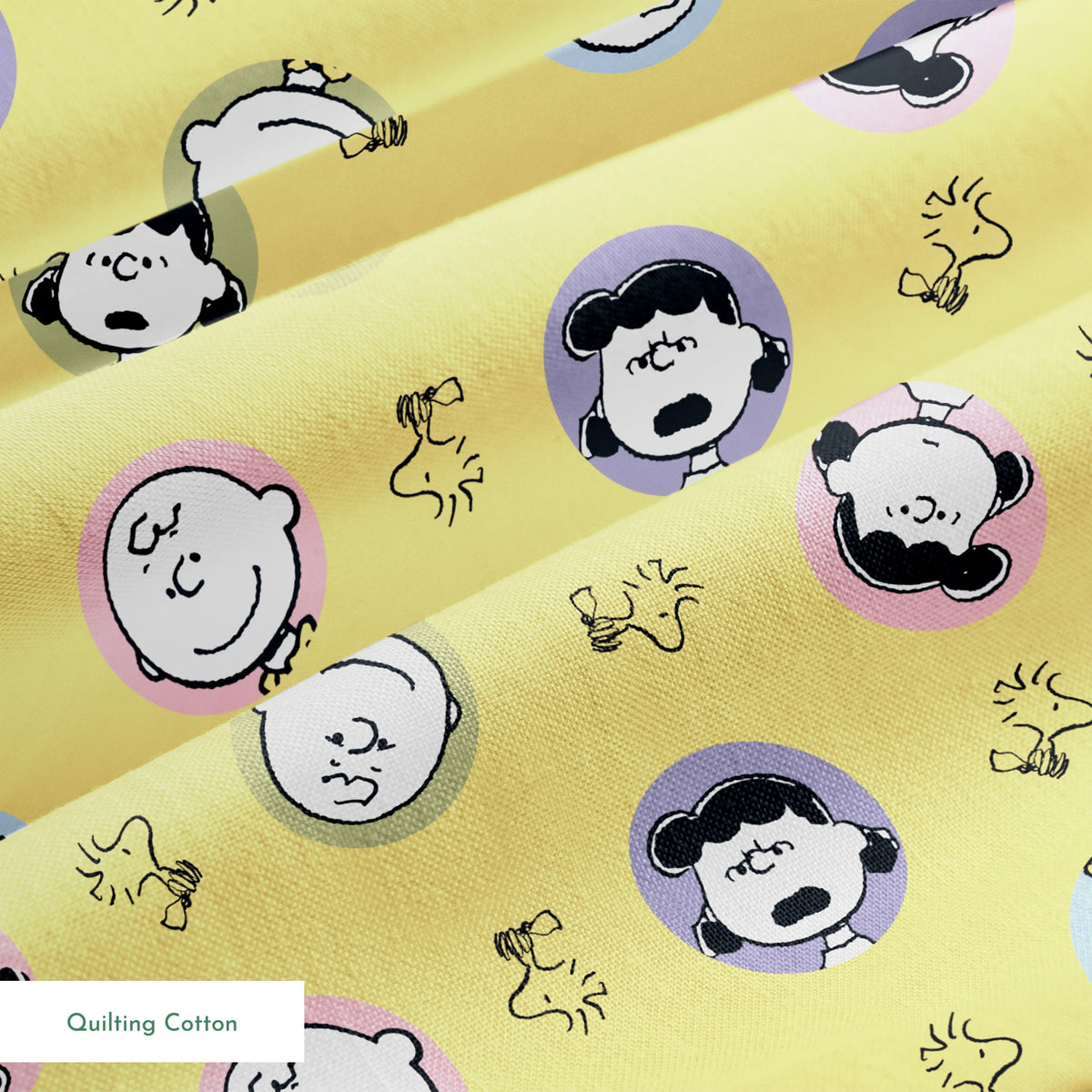 Peanuts characters pattern with Charlie Brown and friends in circular frames on yellow background with Woodstock silhouettes springs quiltingcotton texture