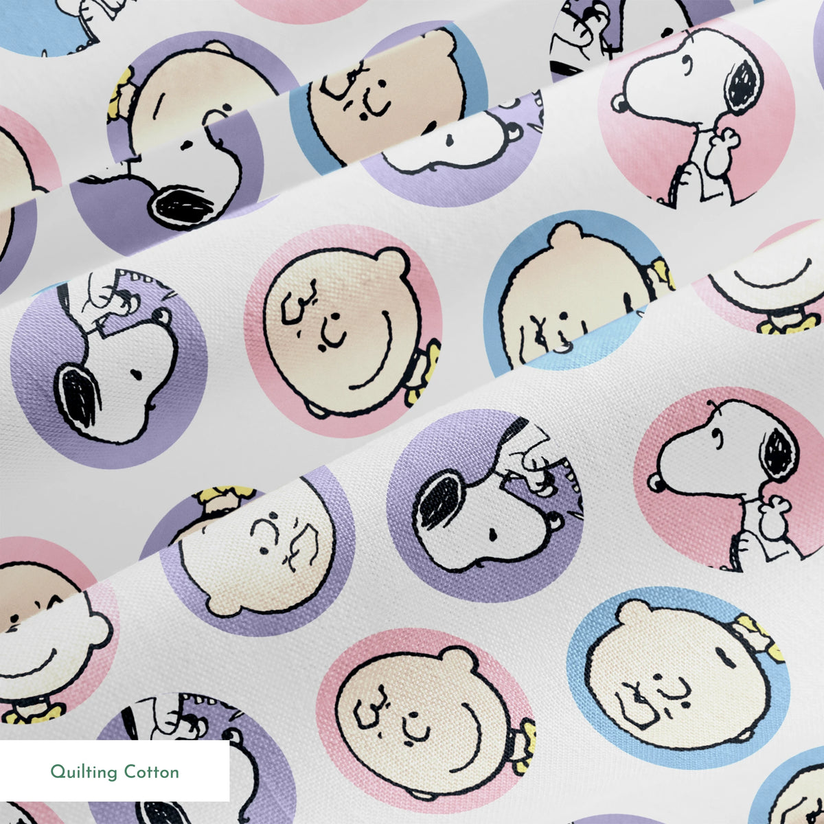 Peanuts cartoon pattern with Charlie Brown and Snoopy circular portraits in pink, blue and purple springs quiltingcotton texture