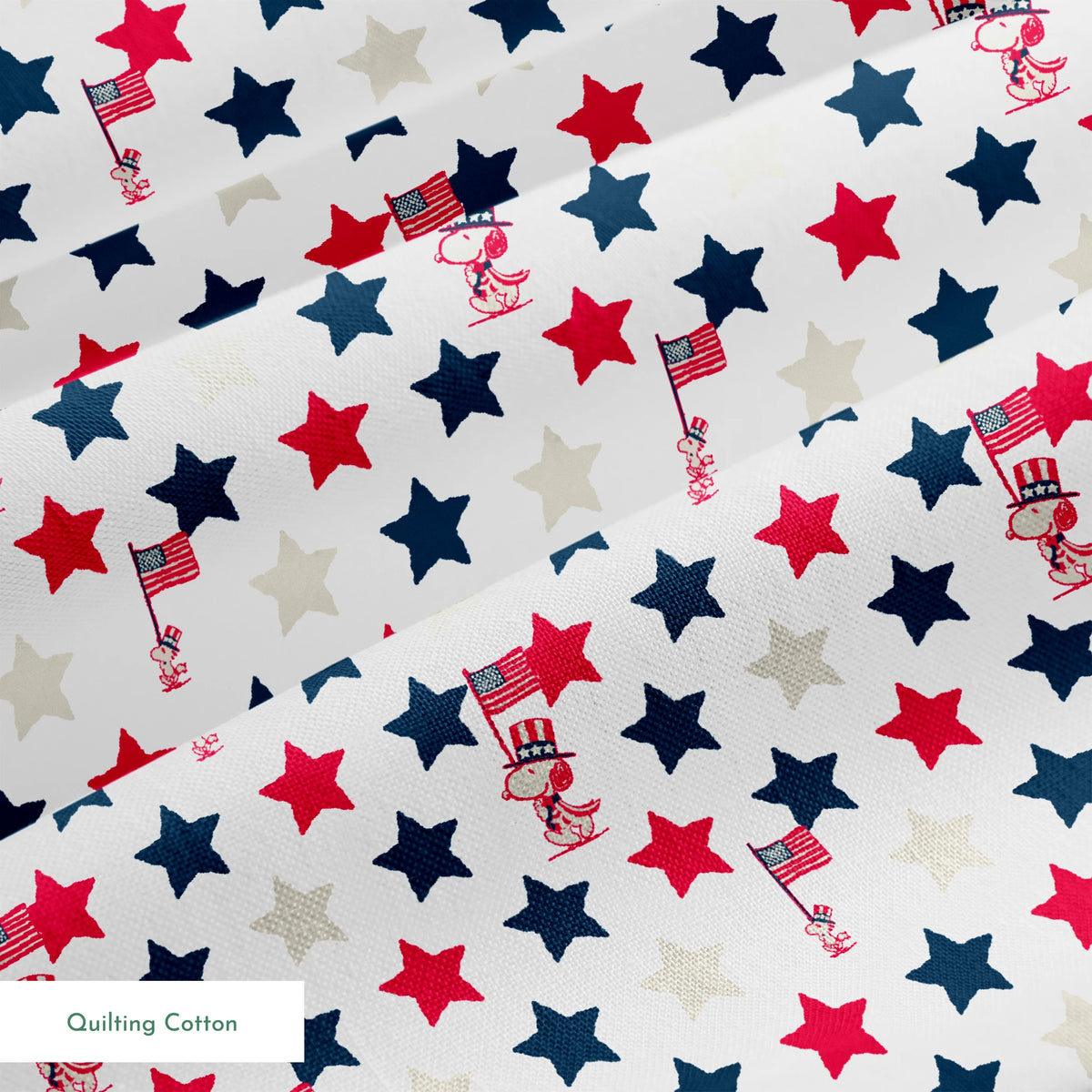 Peanuts Patriotic pattern with red, white, and blue stars alongside American flag poles on white background springs quiltingcotton texture