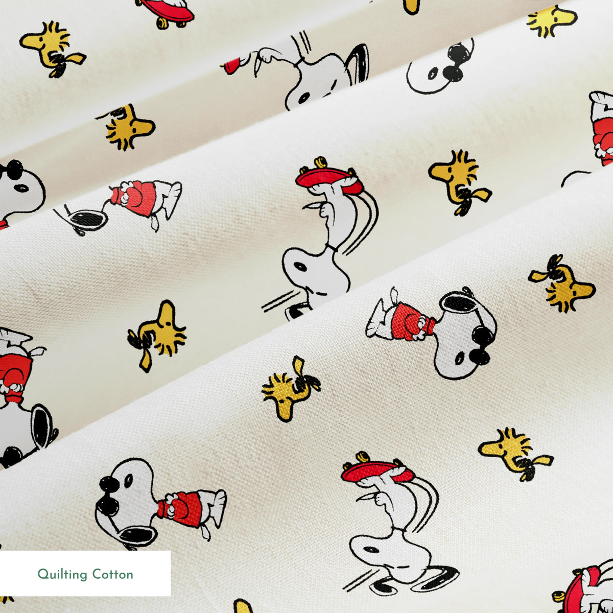 Snoopy and Woodstock on cream background, arranged in pattern springs quiltingcotton texture