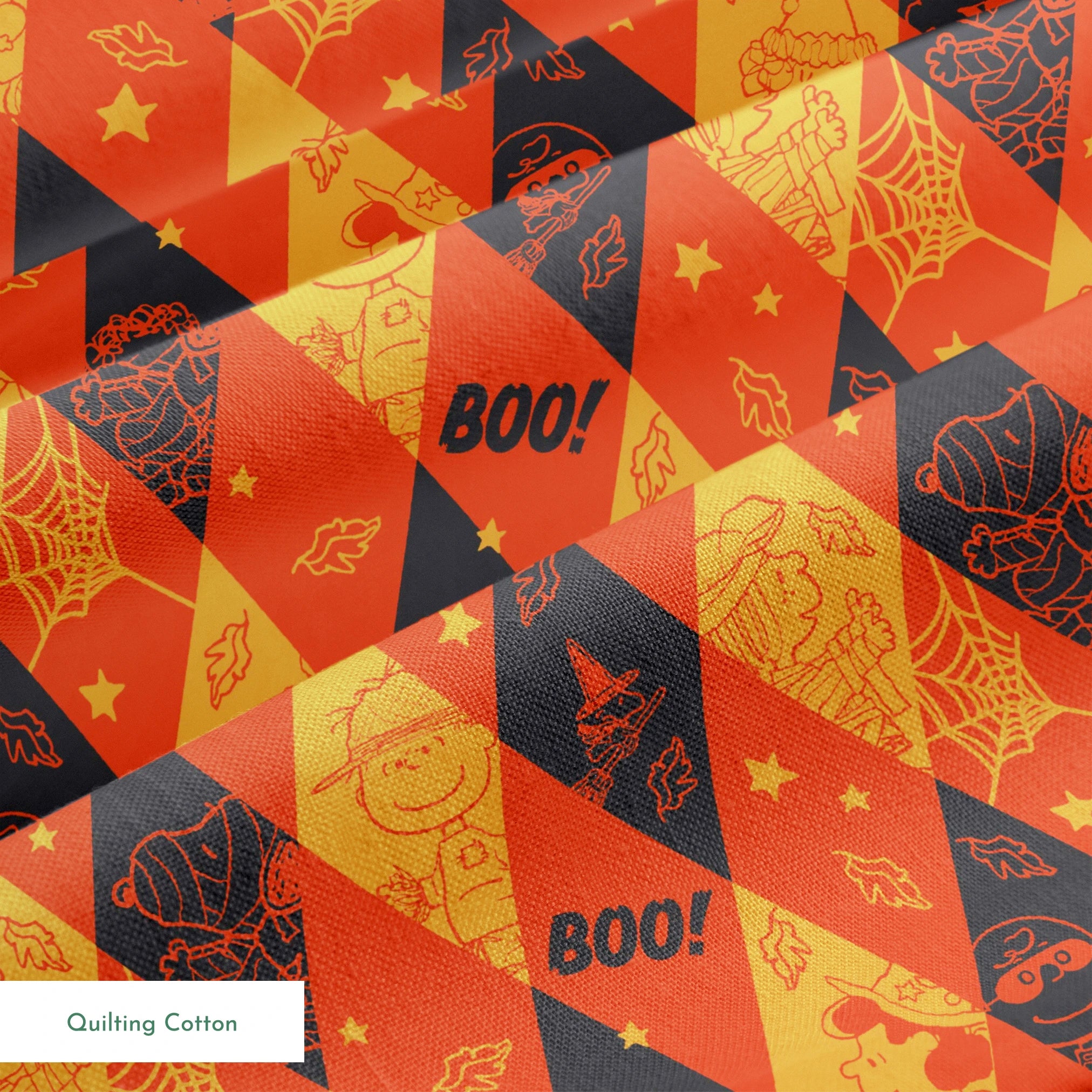 Peanuts Halloween pattern with diamond shapes in orange, yellow, and black featuring Peanuts characters in costumes, webs, "BOO!" text, and seasonal decorations springs quiltingcotton texture