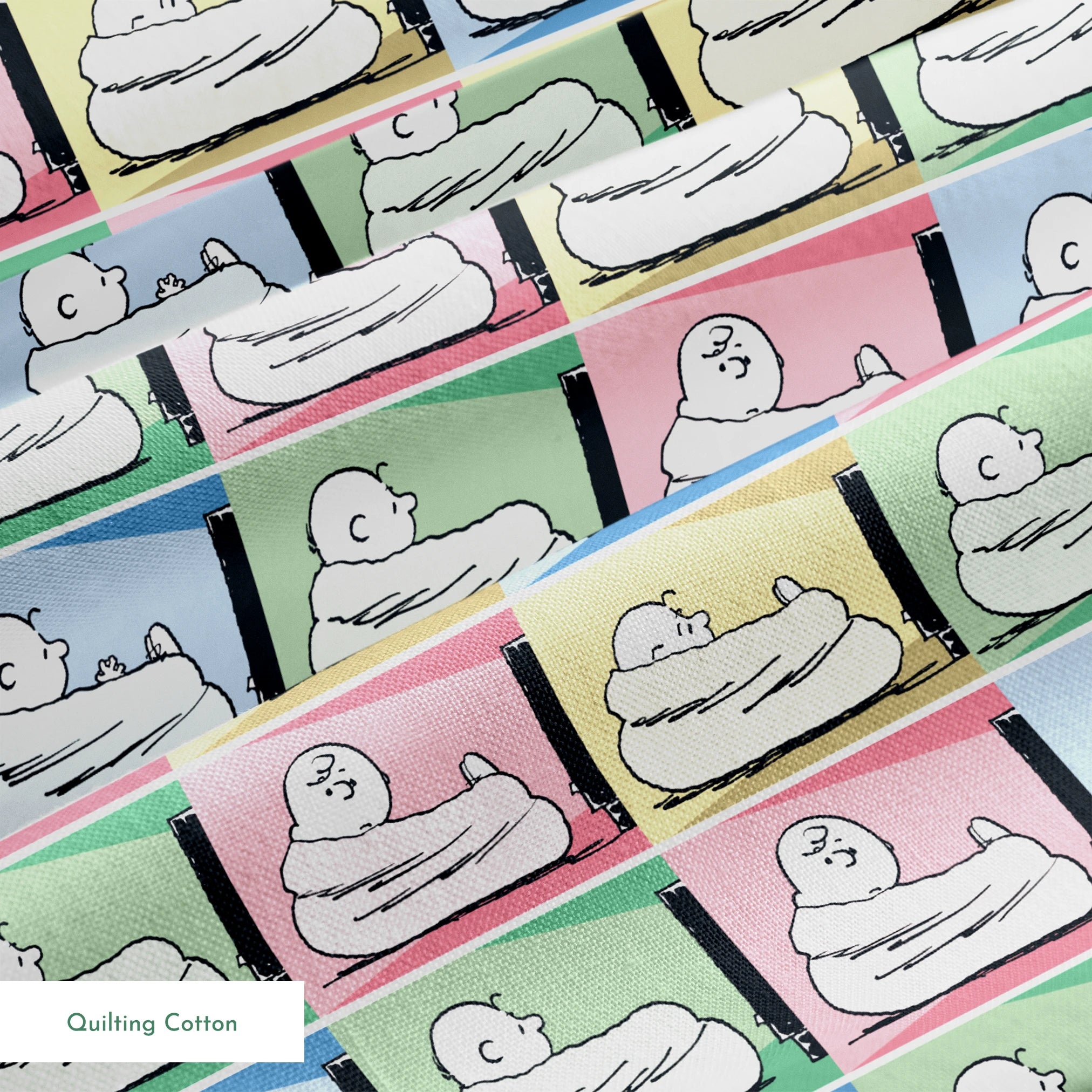 Charlie Brown resting on a white bed/nest in a grid of 12 colorful panels with pastel backgrounds. springs quiltingcotton texture