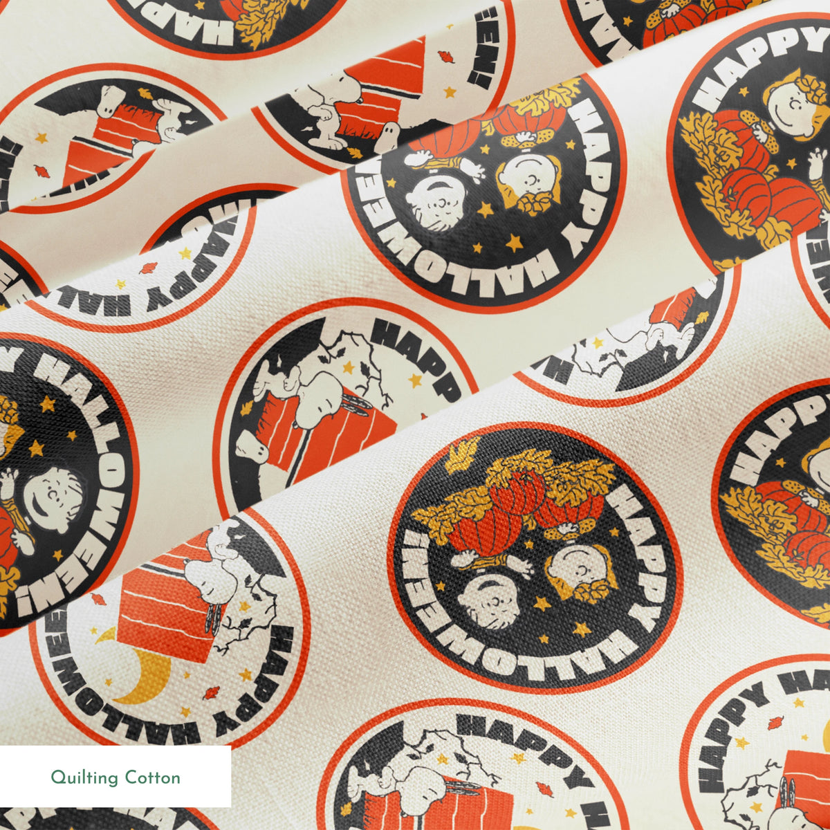Peanuts Halloween pattern with circular badges featuring characters and "Happy Halloween" text on beige background springs quiltingcotton texture