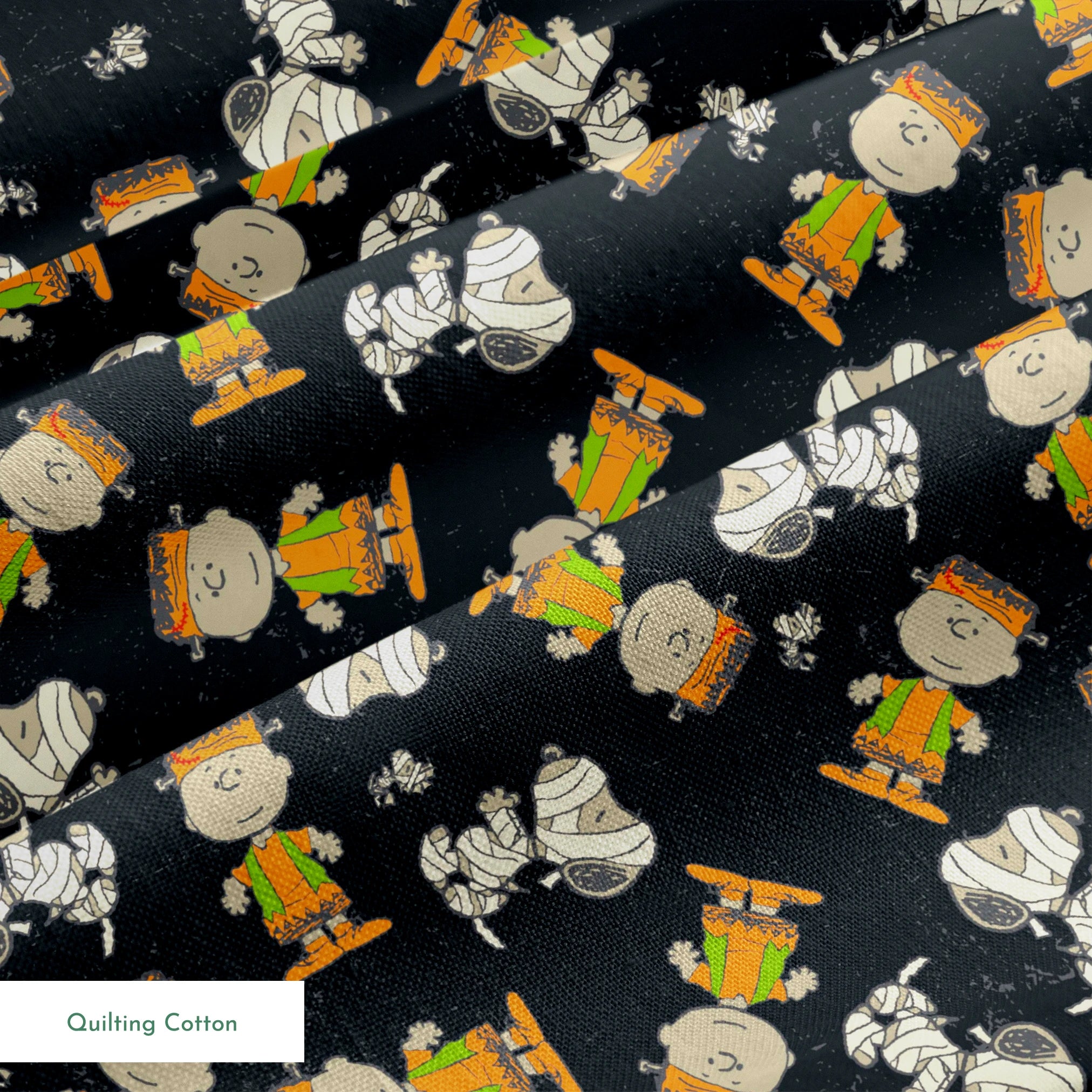 Peanuts characters pattern on black background featuring Snoopy and Charlie Brown in fall outfits springs quiltingcotton texture