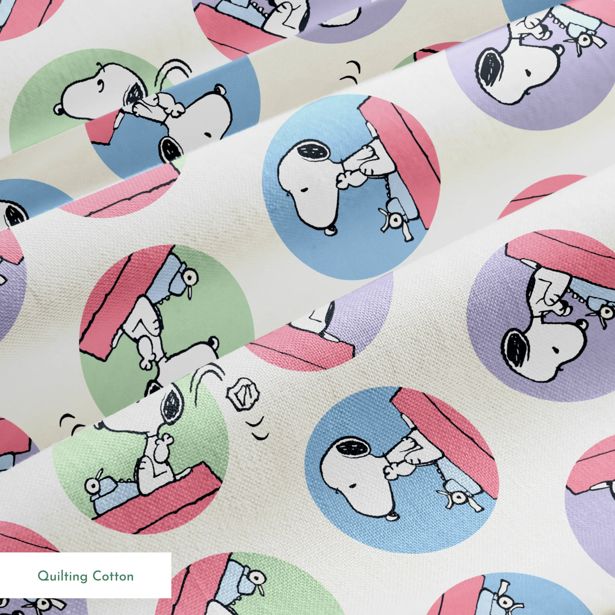 Cartoon Snoopy pattern with the beagle character in circular frames of blue, green, and purple backgrounds springs quiltingcotton texture