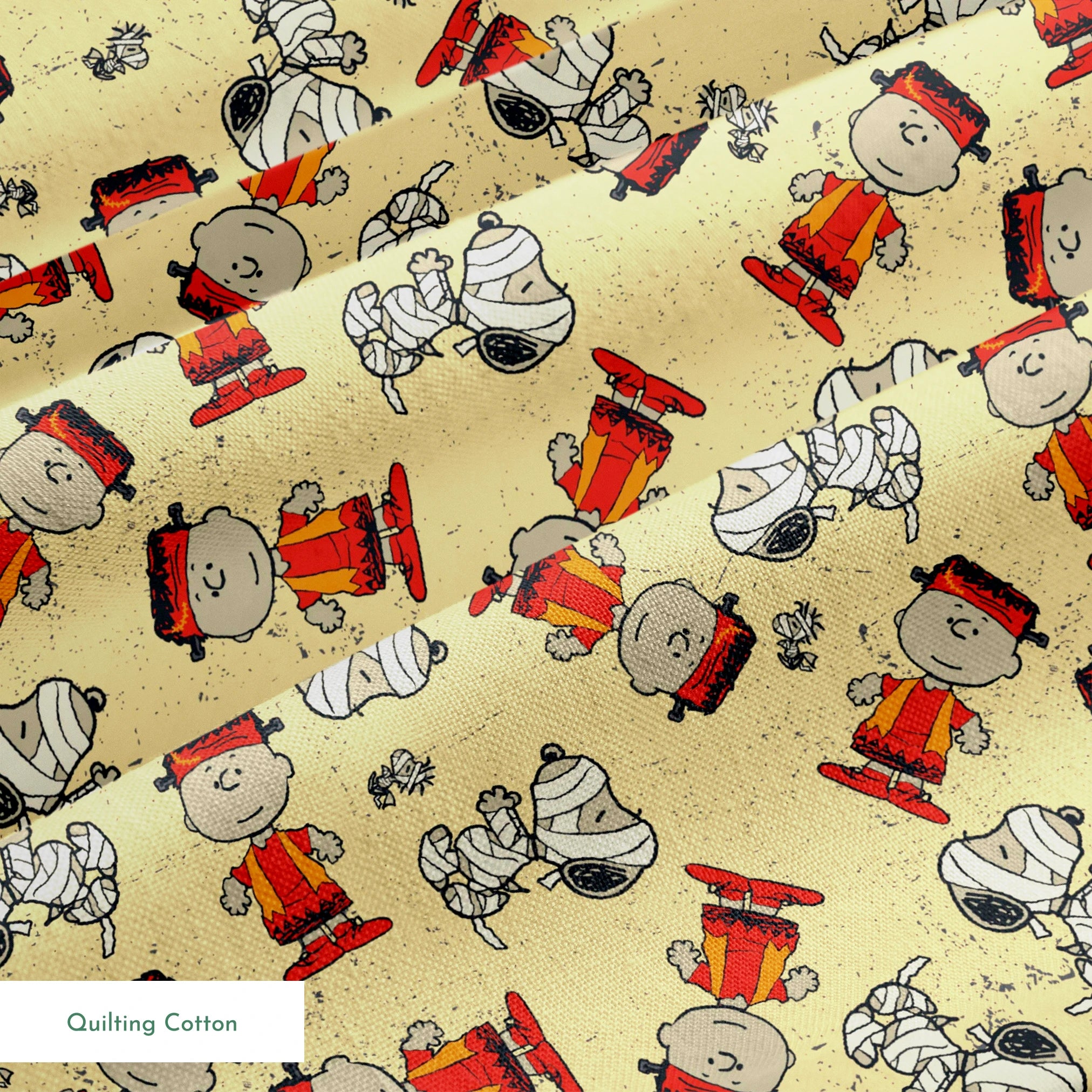 Peanuts characters pattern with Charlie Brown and Snoopy in halloween attire on beige background springs quiltingcotton texture