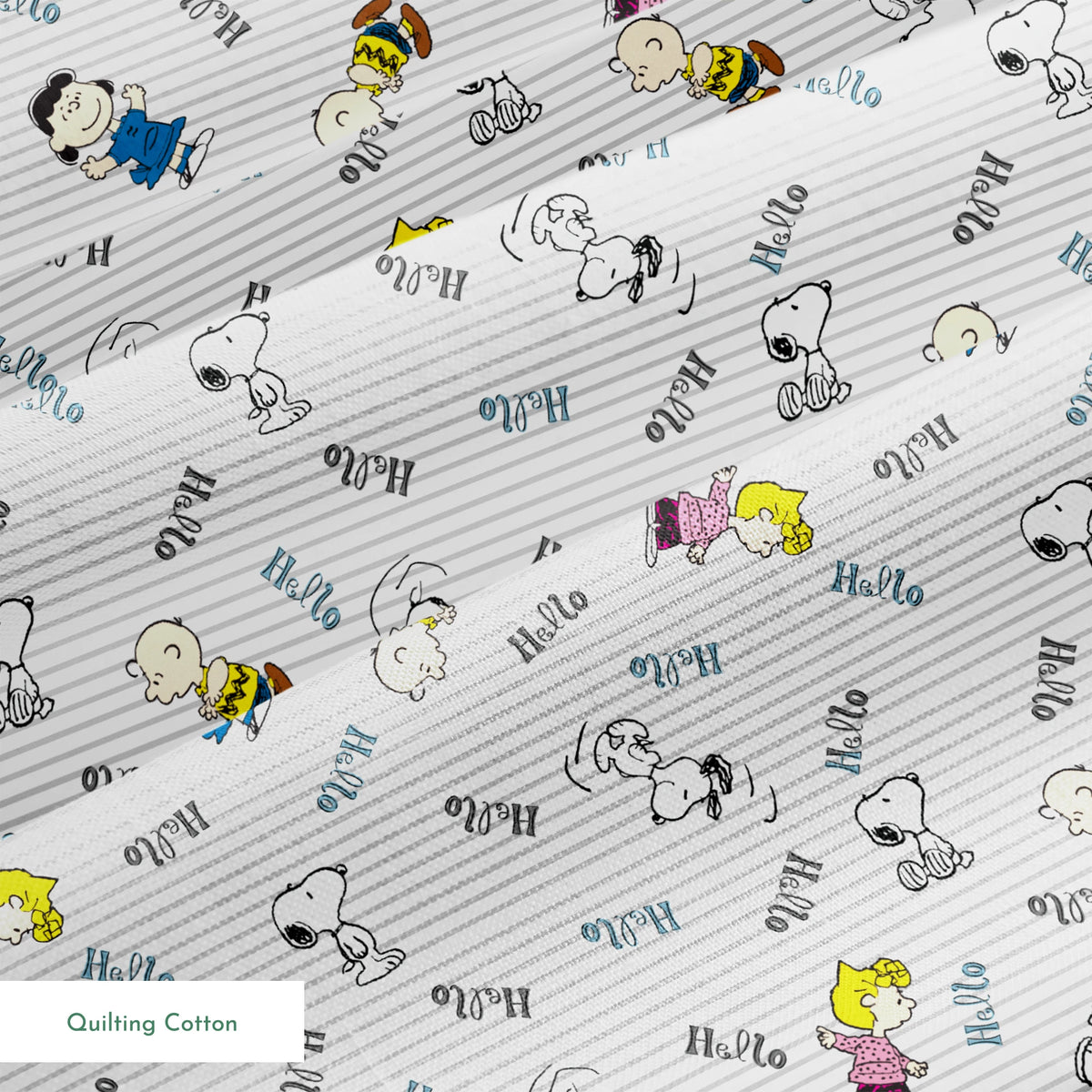 Peanuts cartoon characters scattered on striped background with "hello" text, featuring Snoopy, Charlie Brown, and friends springs quiltingcotton texture