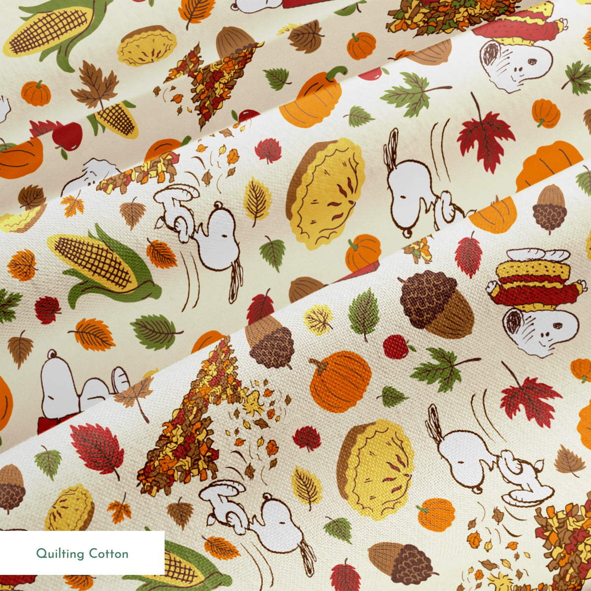 Fall themed pattern with Snoopy, red doghouses, pumpkins, corn, sandwiches, and autumn leaves on cream background springs quiltingcotton texture