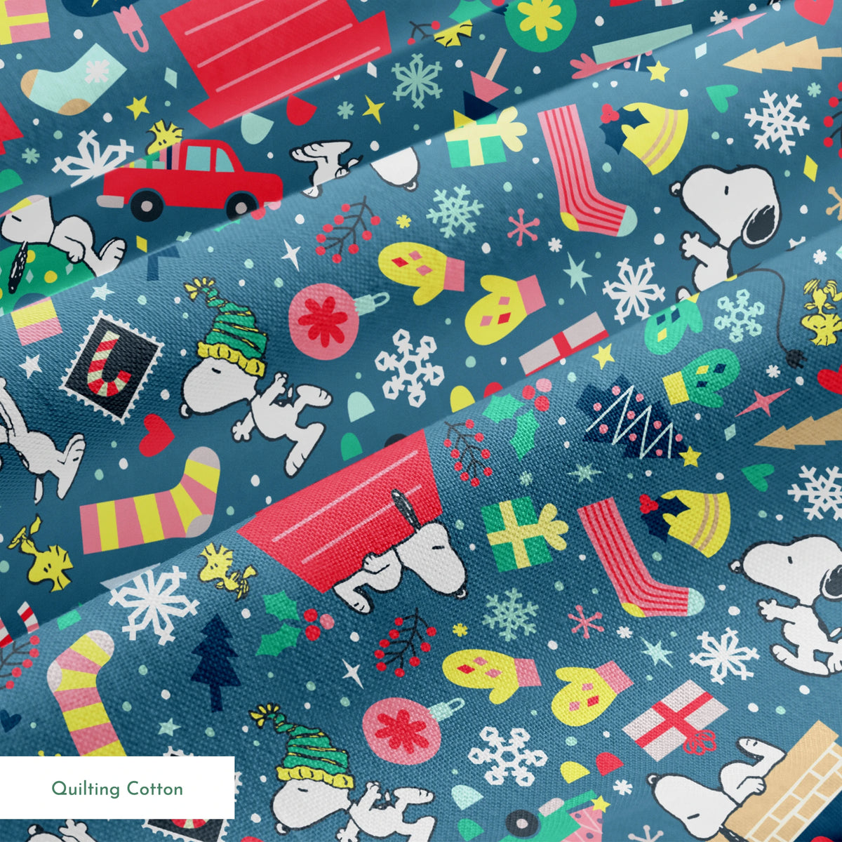 Colorful Peanuts Christmas pattern with festive icons, red mailboxes, presents, houses, and holiday symbols on teal background springs quiltingcotton texture