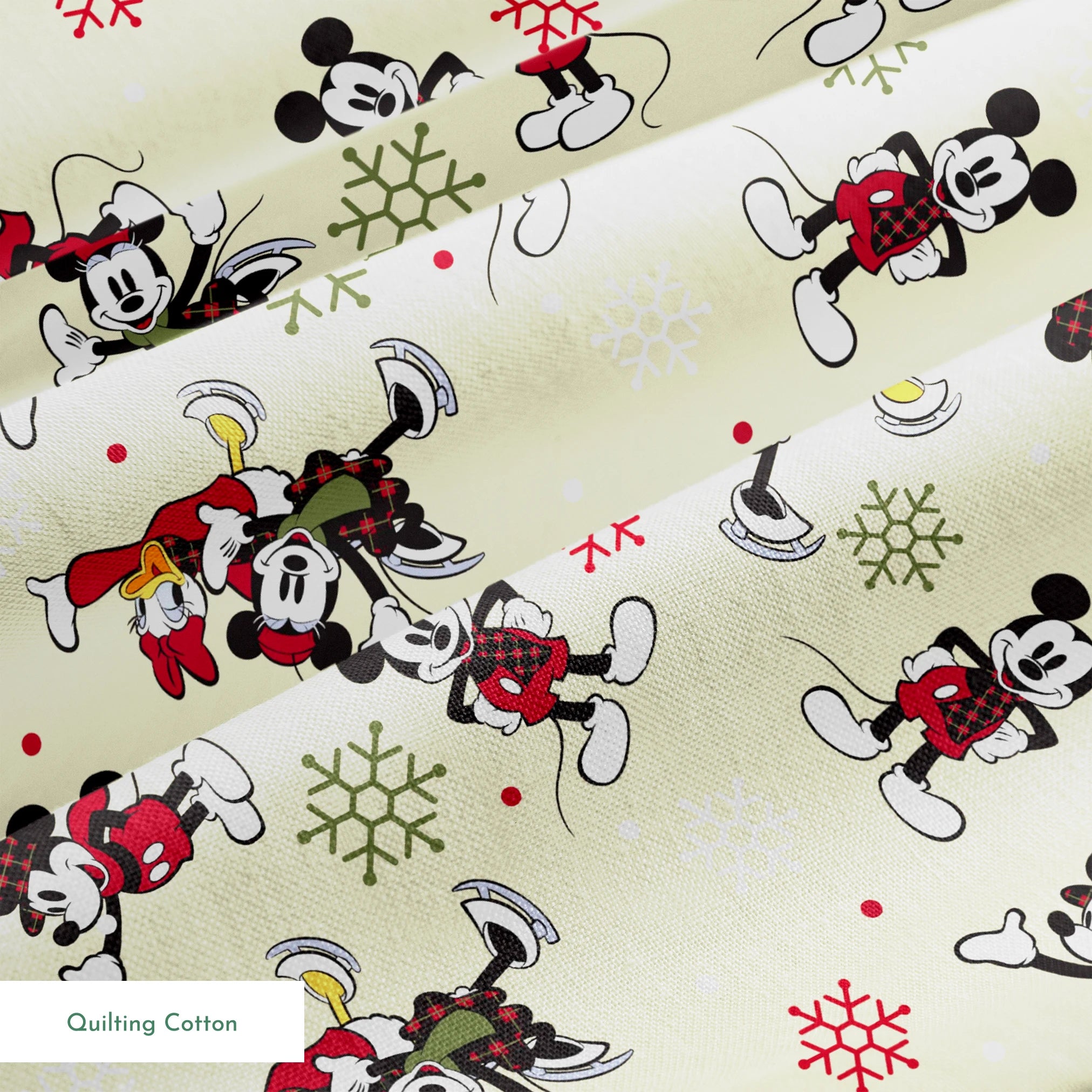 Holiday-themed cartoon mouse pattern with classic characters in red outfits on beige background with snowflakes. springs quiltingcotton texture
