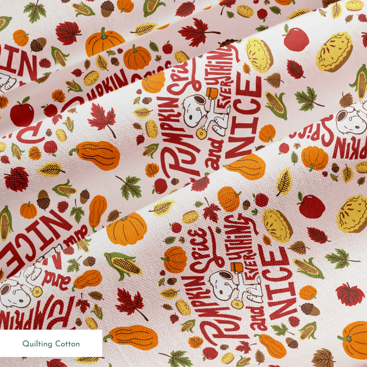 Fall Peanuts pattern with pumpkin spice phrases, autumn leaves, pumpkins, pine cones and Snoopy characters on a beige background springs quiltingcotton texture
