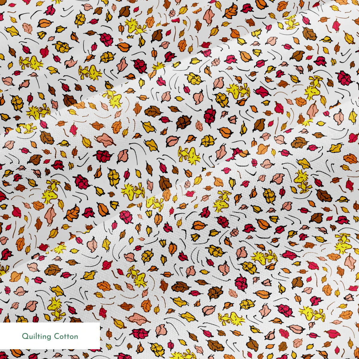 Colorful Peanuts autumn leaves pattern with Woodstock and yellow, red, and brown foliage scattered on white background springs quiltingcotton texture