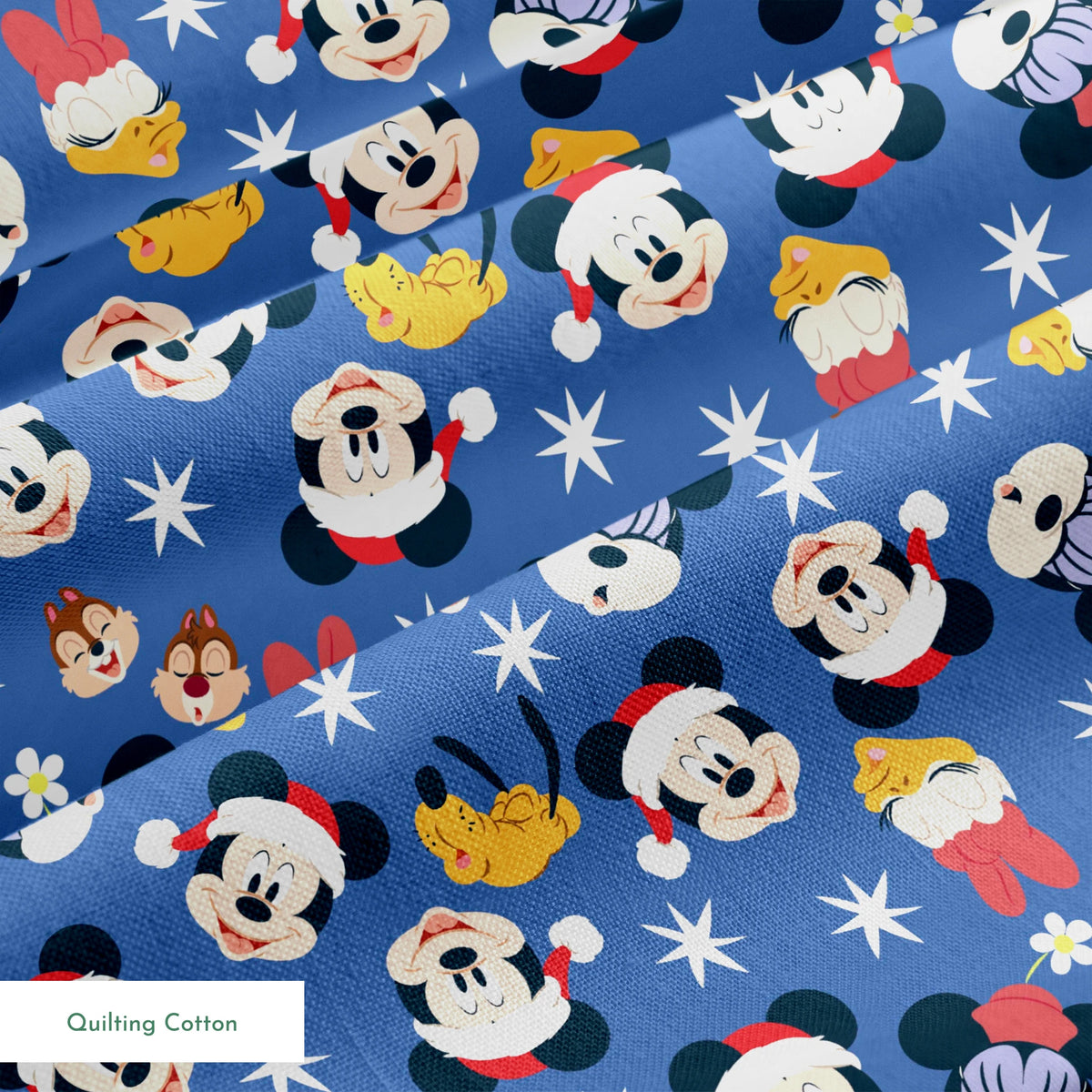 Mickey Mouse Christmas pattern with Santa hats, cupcakes and snowflakes on blue background springs quiltingcotton texture