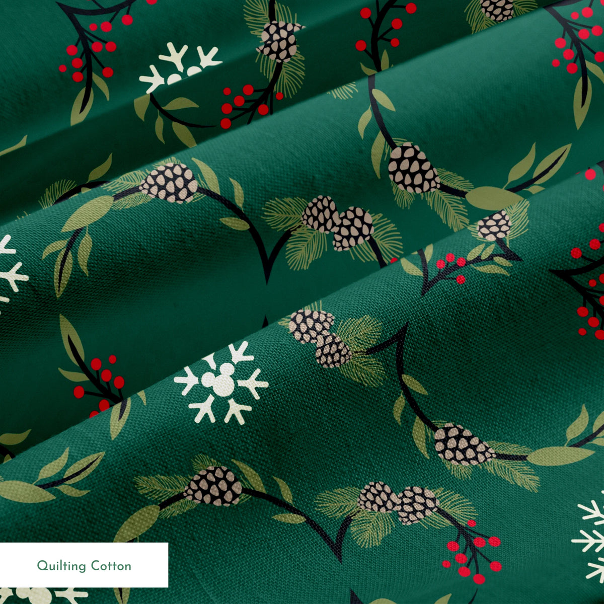 Holiday pattern with green wreaths, pinecones, red berries and white snowflakes on dark green background springs quiltingcotton texture