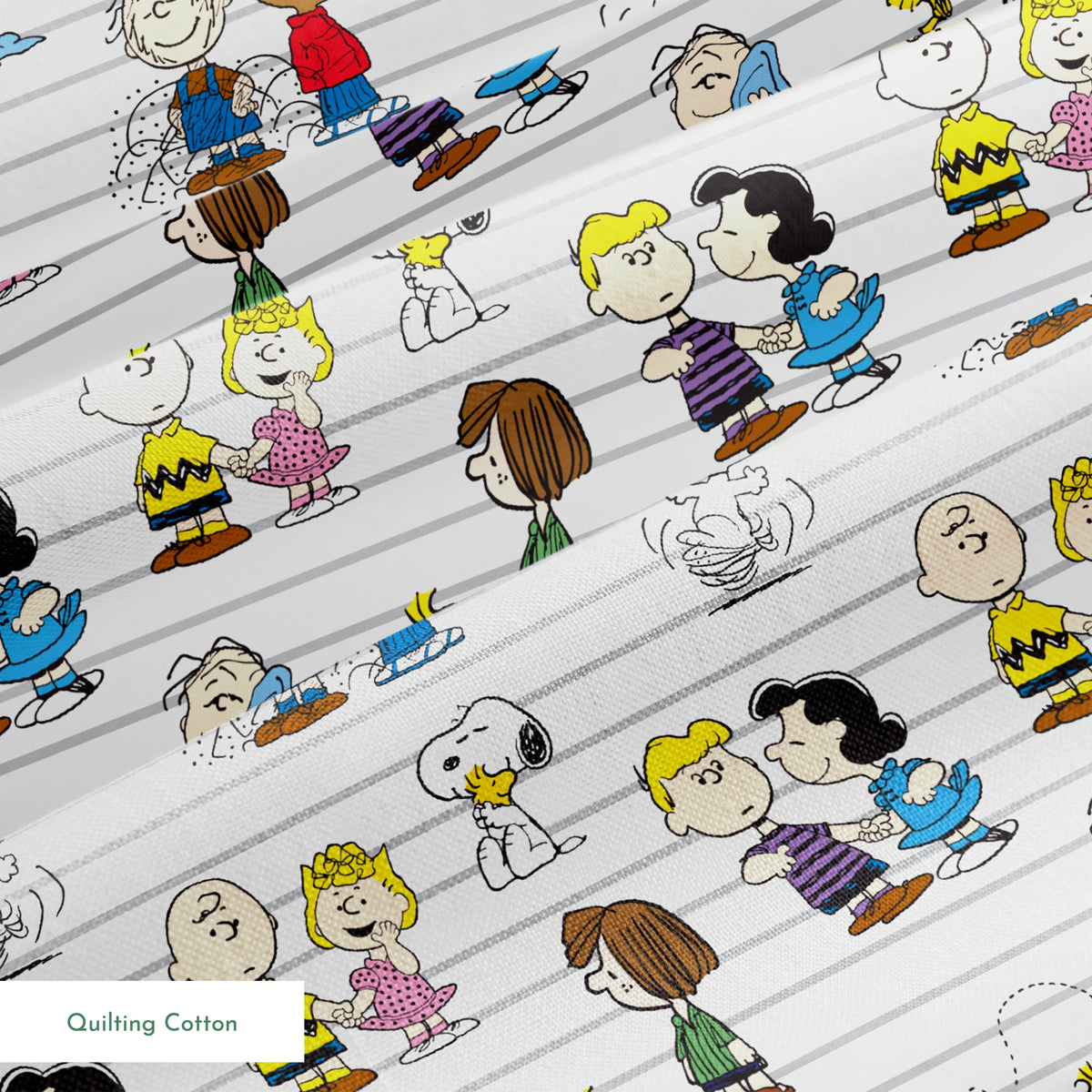 Peanuts cartoon characters on striped background, including Snoopy, Woodstock, and friends with their signature traits and poses. springs quiltingcotton texture