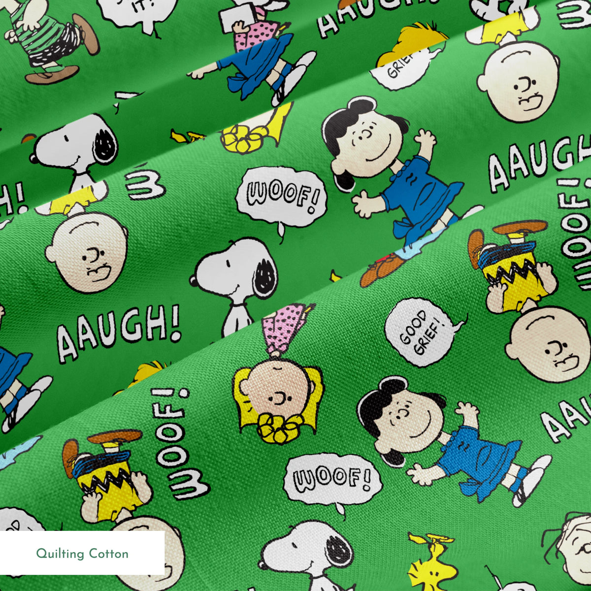 Peanuts comic characters on green background - Snoopy, Woodstock, and gang with speech bubbles like "AAUGH!" and "I CAN'T STAND IT! springs quiltingcotton texture