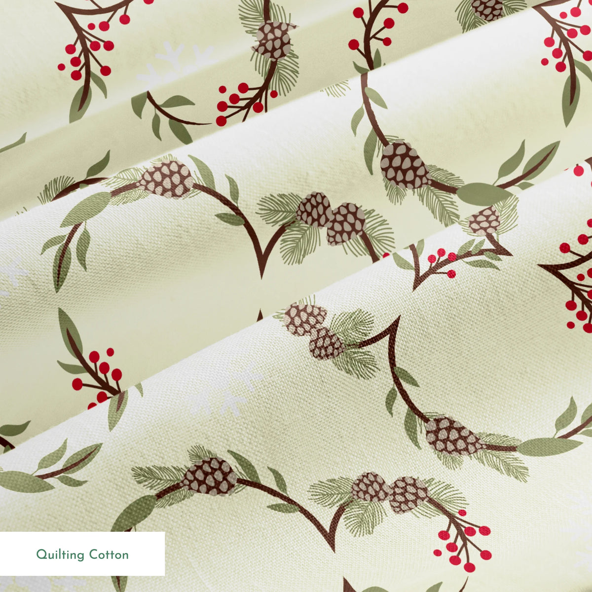 Holiday pattern with pine wreaths, red berries, and white snowflakes on light green background springs quiltingcotton texture