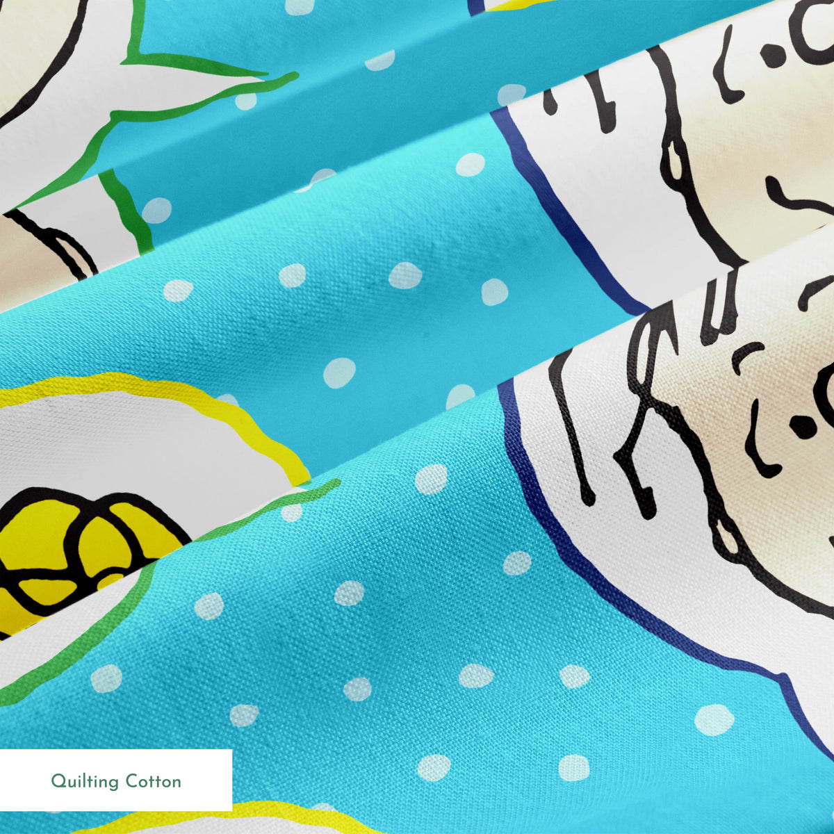 Peanuts characters pattern with Snoopy and other cartoon faces in circles on blue background springs quiltingcotton texture