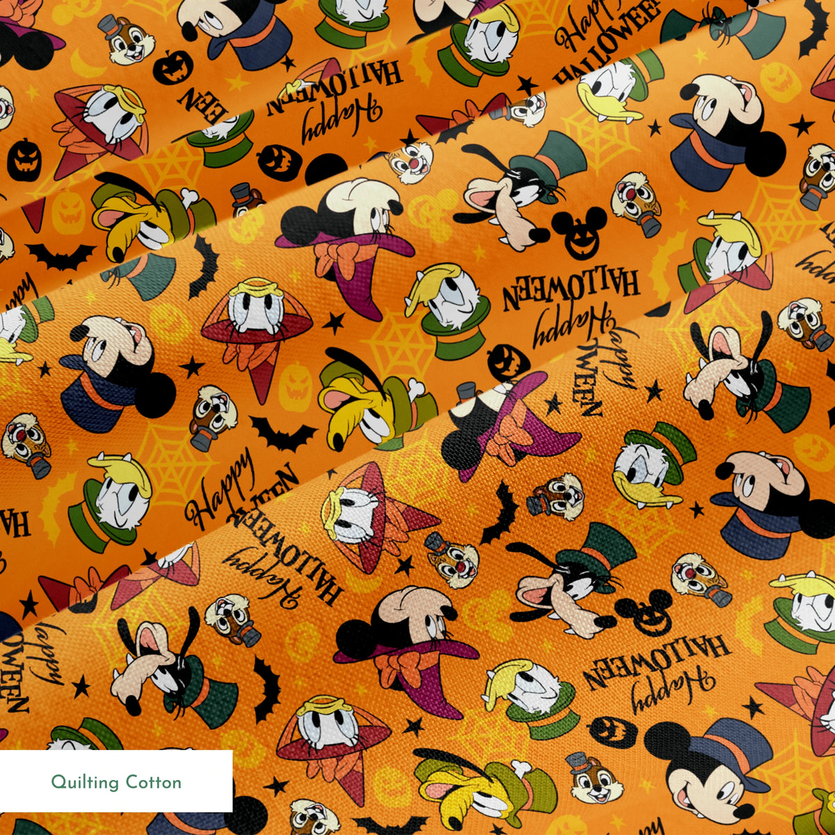 Disney characters in Halloween costumes on orange background with pumpkins and "Happy Halloween" text springs quiltingcotton texture