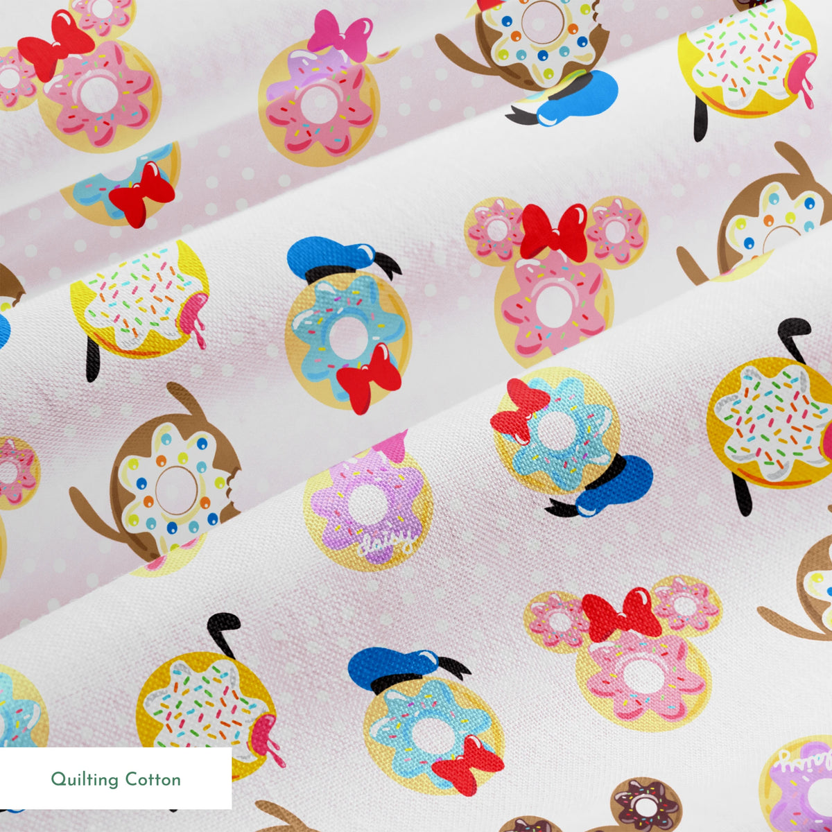 Mickey Mouse & friends donuts in various shapes on a pink polka dot background. springs quiltingcotton texture