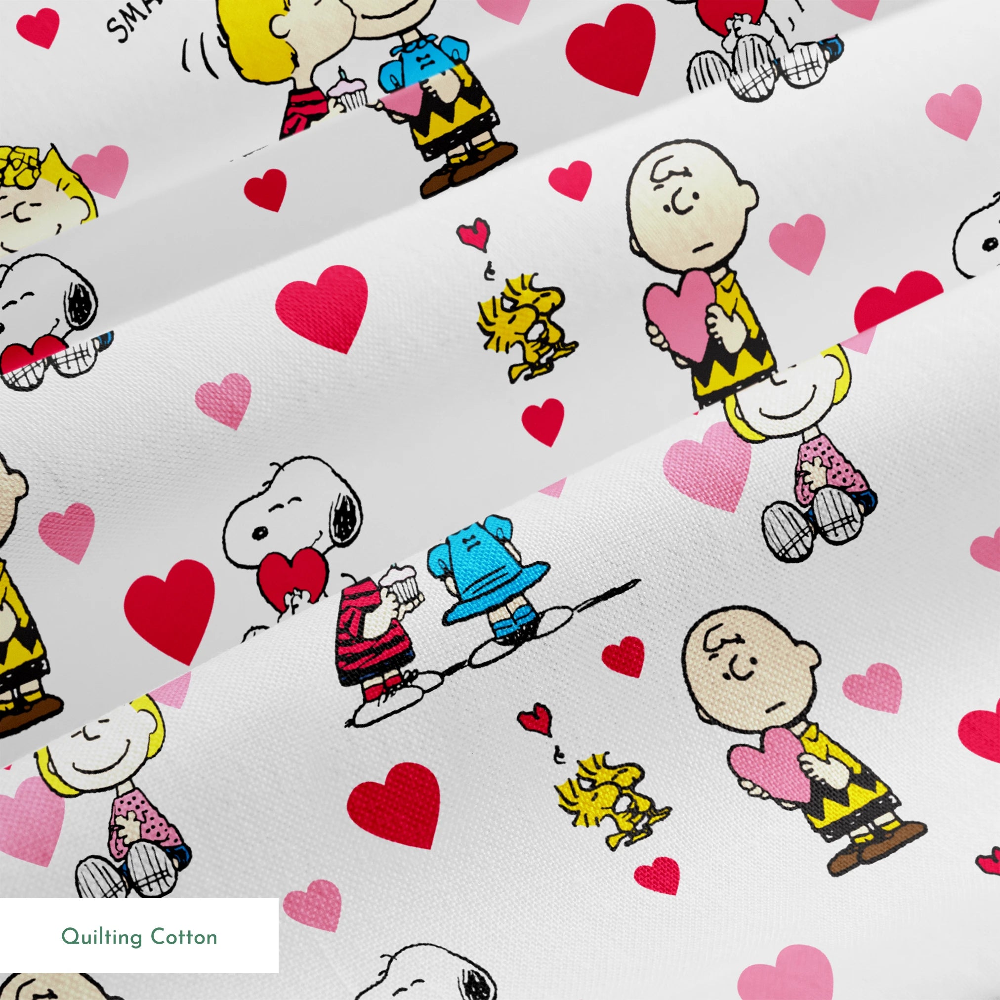 Peanuts cartoon characters with heart motifs, featuring Snoopy, Woodstock, and others in a Valentine's theme springs quiltingcotton texture