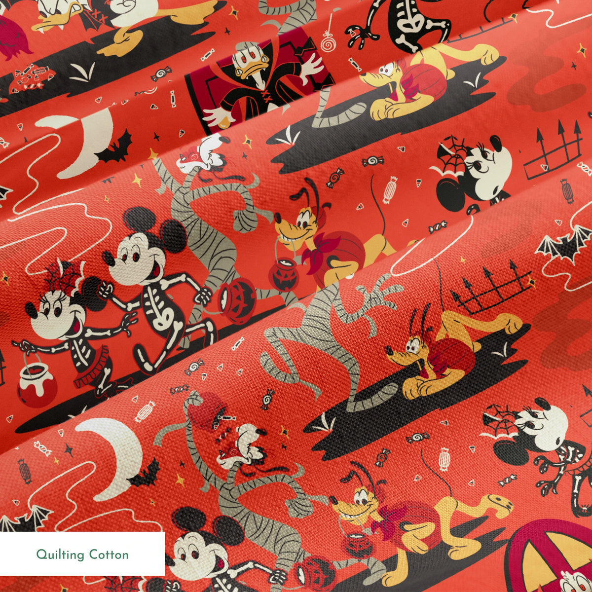 Halloween-themed Disney pattern with Mickey, Minnie, Donald in skeleton costumes on orange background with bats and moons springs quiltingcotton texture