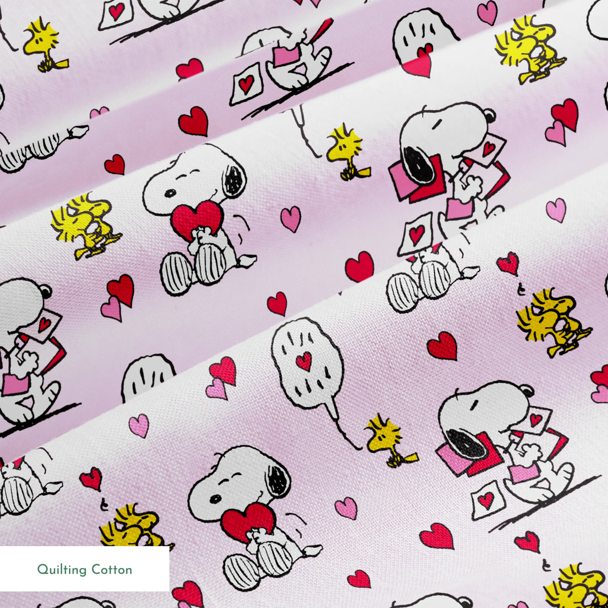 Valentine's pattern with Snoopy, Woodstock, and hearts on pink background, featuring love letters and speech bubbles. springs quiltingcotton texture