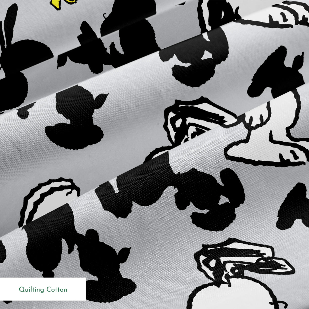 Pattern of Snoopy and Woodstock on gray background with black silhouettes springs quiltingcotton texture