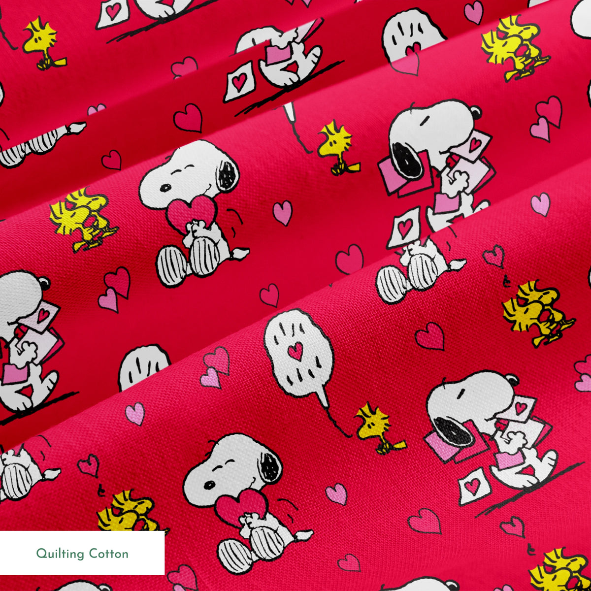 Snoopy and Woodstock pattern with hearts on bright red background, Valentine's theme springs quiltingcotton texture