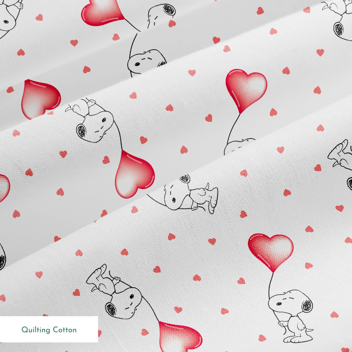 Cute Snoopy holding heart-shaped balloons with small hearts scattered on white background springs quiltingcotton texture