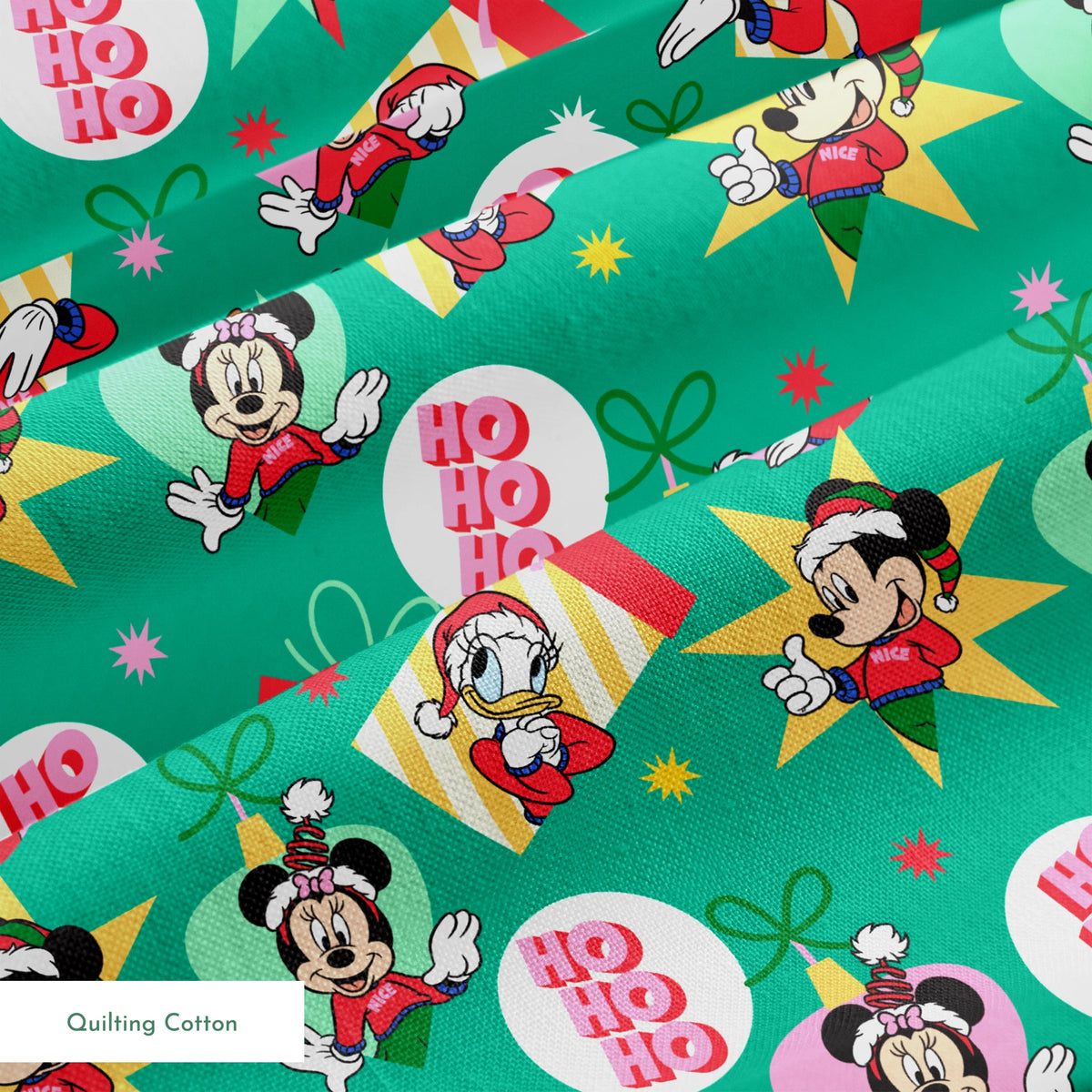 Festive Disney characters on green holiday pattern with "Ho Ho Ho" text and Christmas ornaments springs quiltingcotton texture