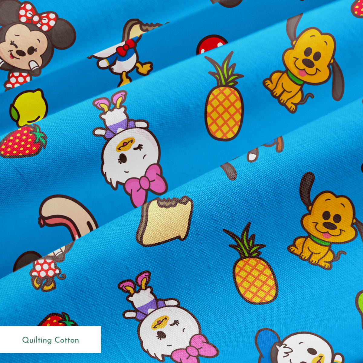 Mickey, friends, and food items pattern on blue background, featuring Mickey, Minnie, Donald, and fruit icons springs quiltingcotton texture