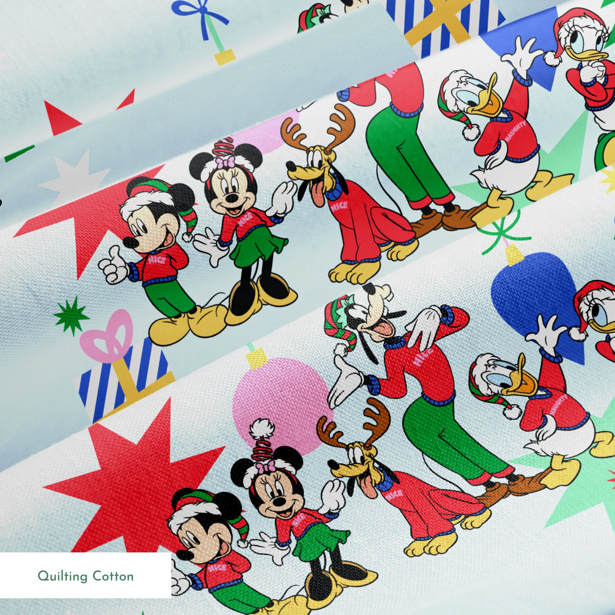 Cartoon Disney characters in festive poses with Christmas trees, ornaments, and stars on light blue snowy background springs quiltingcotton texture
