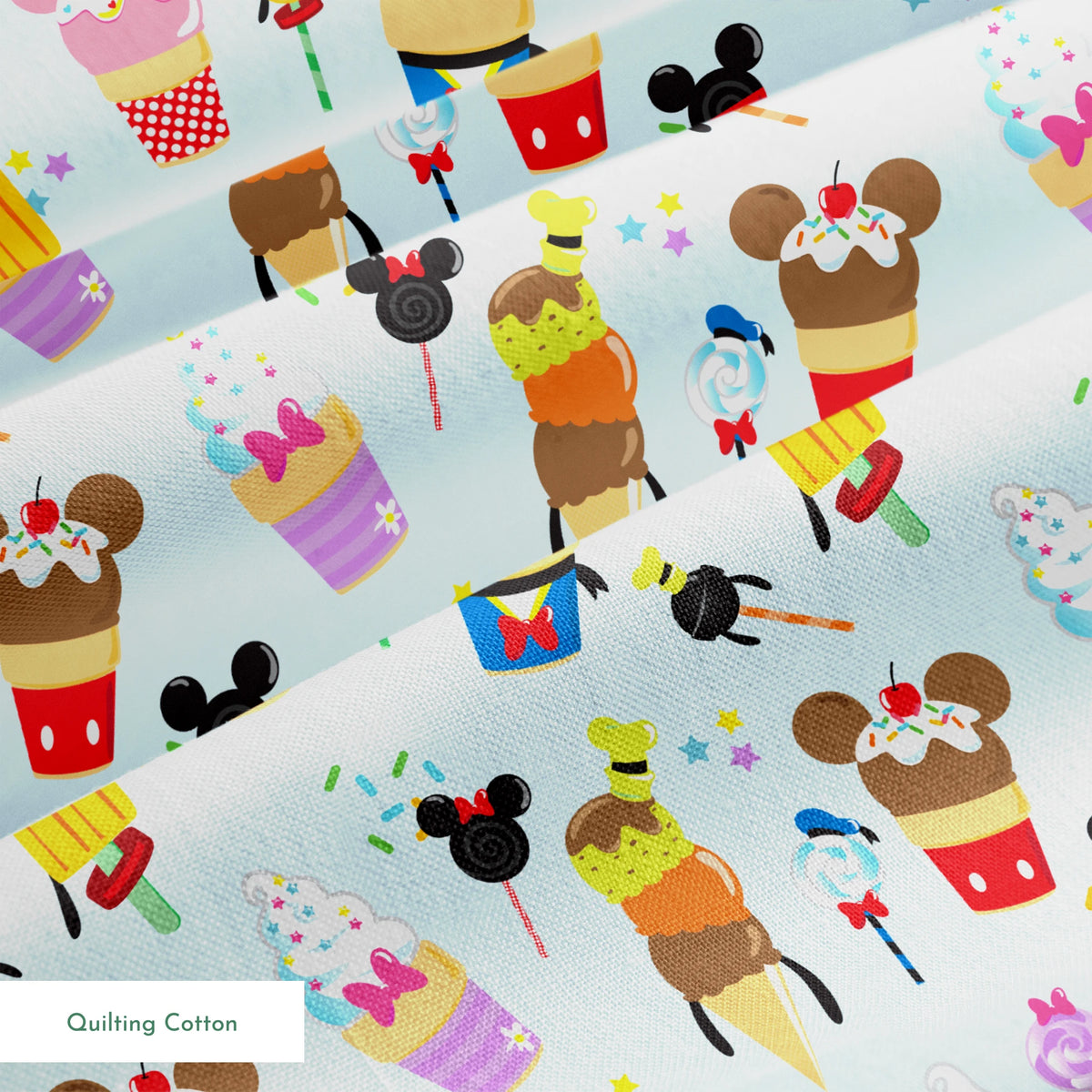 Disney-themed ice cream and sweet treats pattern with Mickey and Minnie icons on light blue background springs quiltingcotton texture