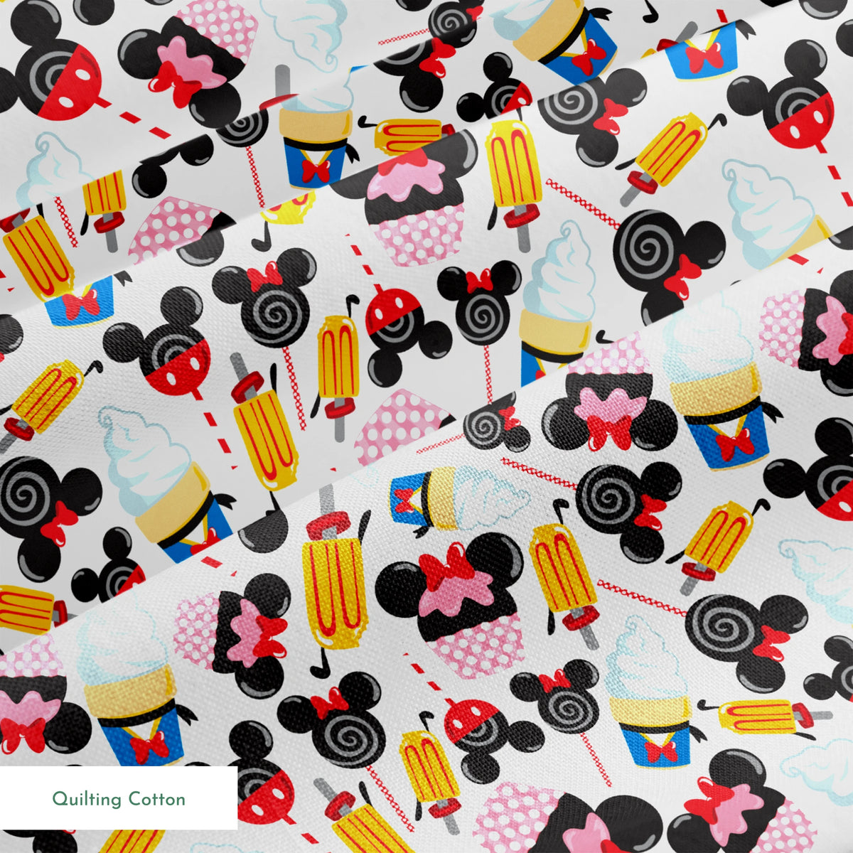 Disney-inspired pattern with ice cream cones and colorful swirled decorative elements on white background springs quiltingcotton texture