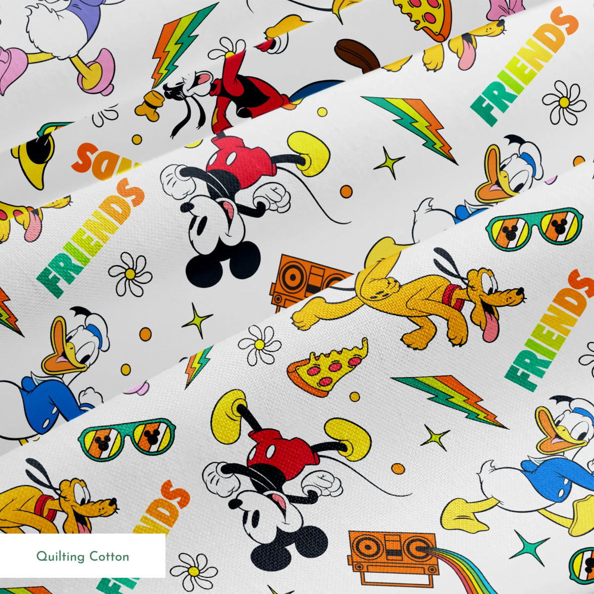 Cartoon pattern featuring classic Disney characters with radios, rainbows, sunglasses and "FRIENDS" text on white background. springs quiltingcotton texture