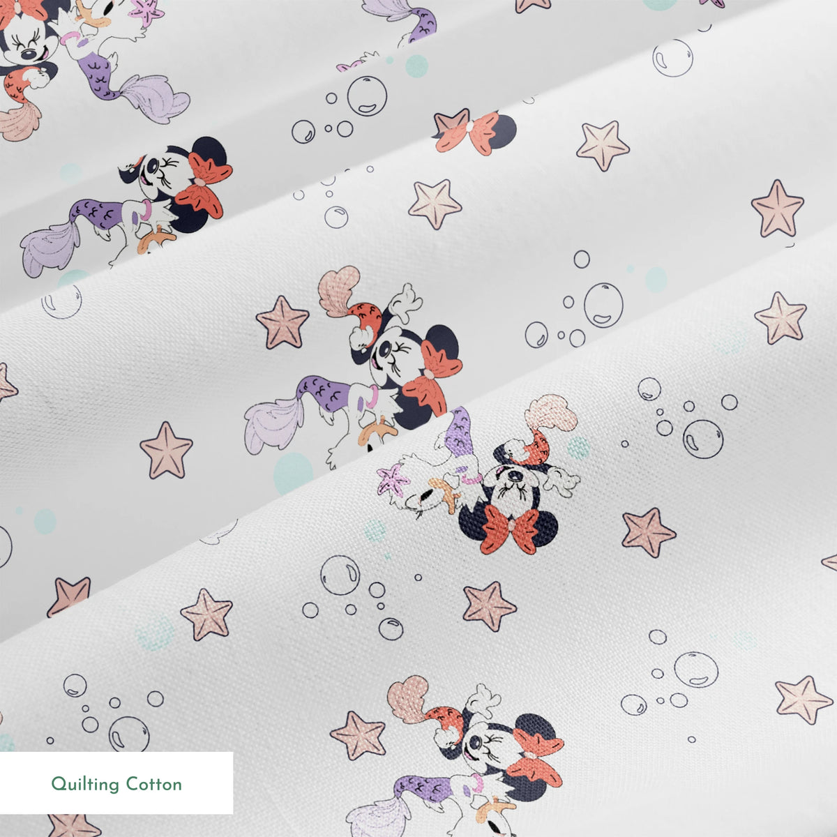 Minnie Mouse pattern with pastel stars and bubbles on white background, playful cartoon style springs quiltingcotton texture