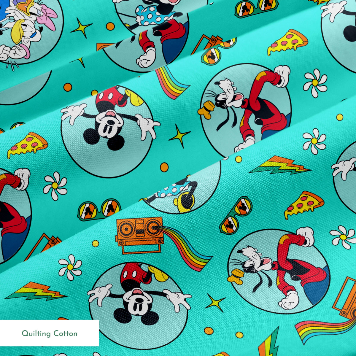 Colorful Mickey Mouse and friends pattern with pizza, boomboxes, sunglasses on teal background springs quiltingcotton texture