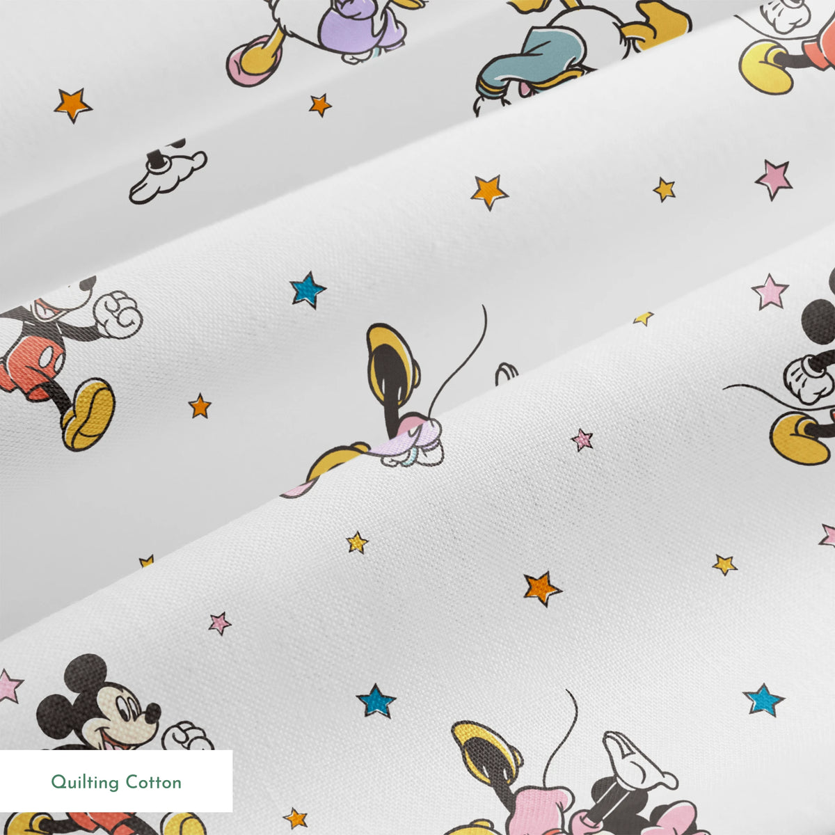 Disney characters pattern with Mickey Mouse and unicorns on white background with colorful stars springs quiltingcotton texture