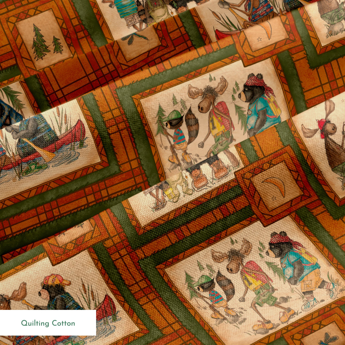 Vintage-style patchwork pattern with framed scenes of people and animals on orange plaid background springs quiltingcotton texture