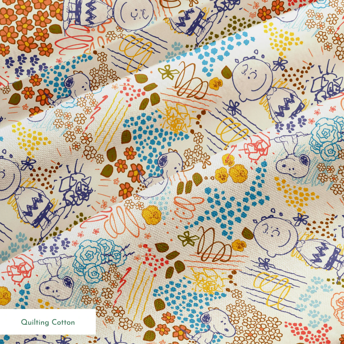 Colorful pattern with Peanuts characters sketches, floral designs, and dots in orange, blue, yellow, and green on a cream background springs quiltingcotton texture