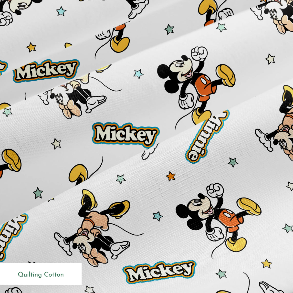 Pattern of cartoon Disney characters including Mickey Mouse and Minnie with yellow stars on white background springs quiltingcotton texture